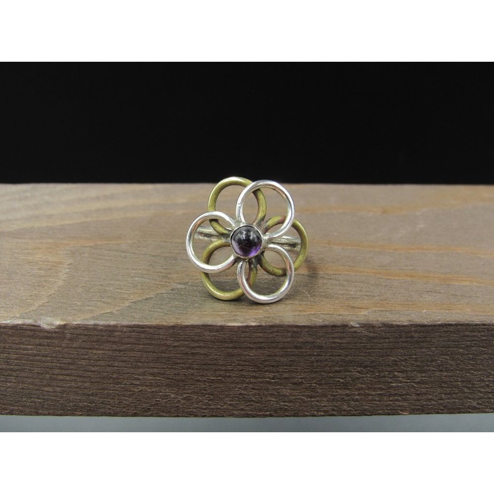 Size 5 Sterling Silver & Brass Rustic Handmade Amethyst Band Ring Vintage